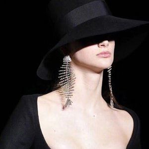 Extra Long Gold and Diamond Fishbone Dangle Earrings *E812